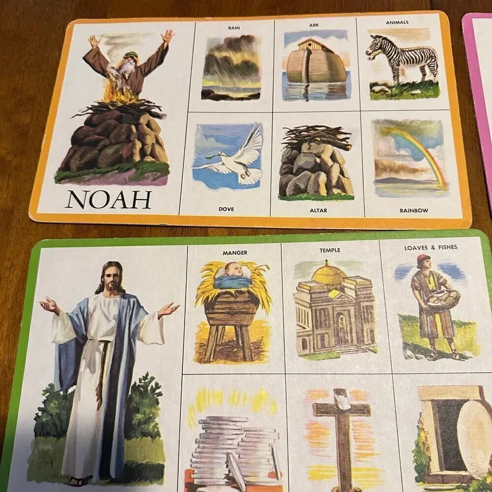 Vintage Biblical Bingo Cards 6 Pieces Cardboard Beautiful Colors Jesus 12”x7.5”